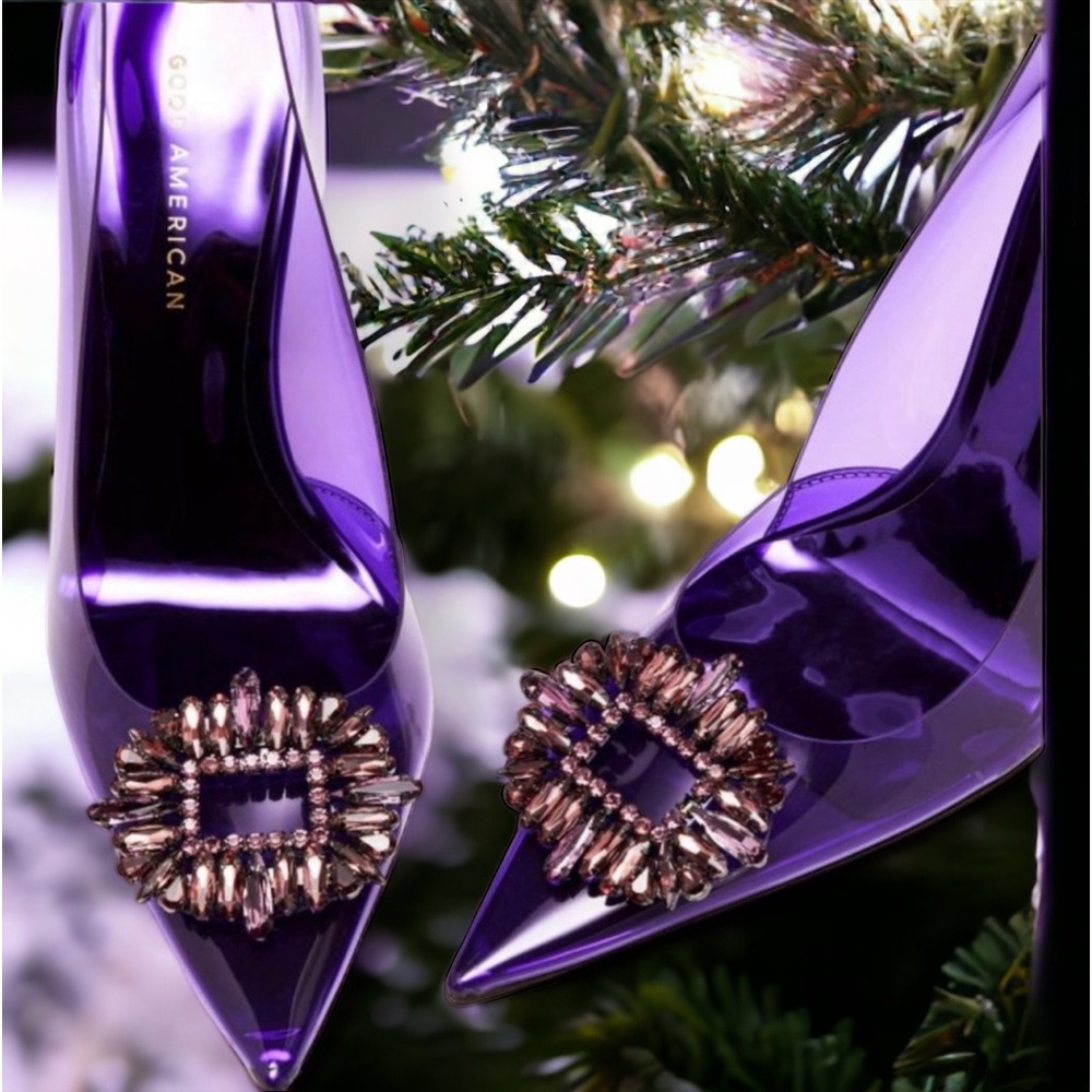 GOOD AMERICAN NWT, DUST BAG,PURPLE POINTED TOE 4”heels rhinestone toe bedazzled - Picture 3 of 5